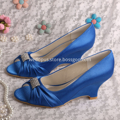 Peep Toe Wedding Wedge Heel Navy Satin Shoes